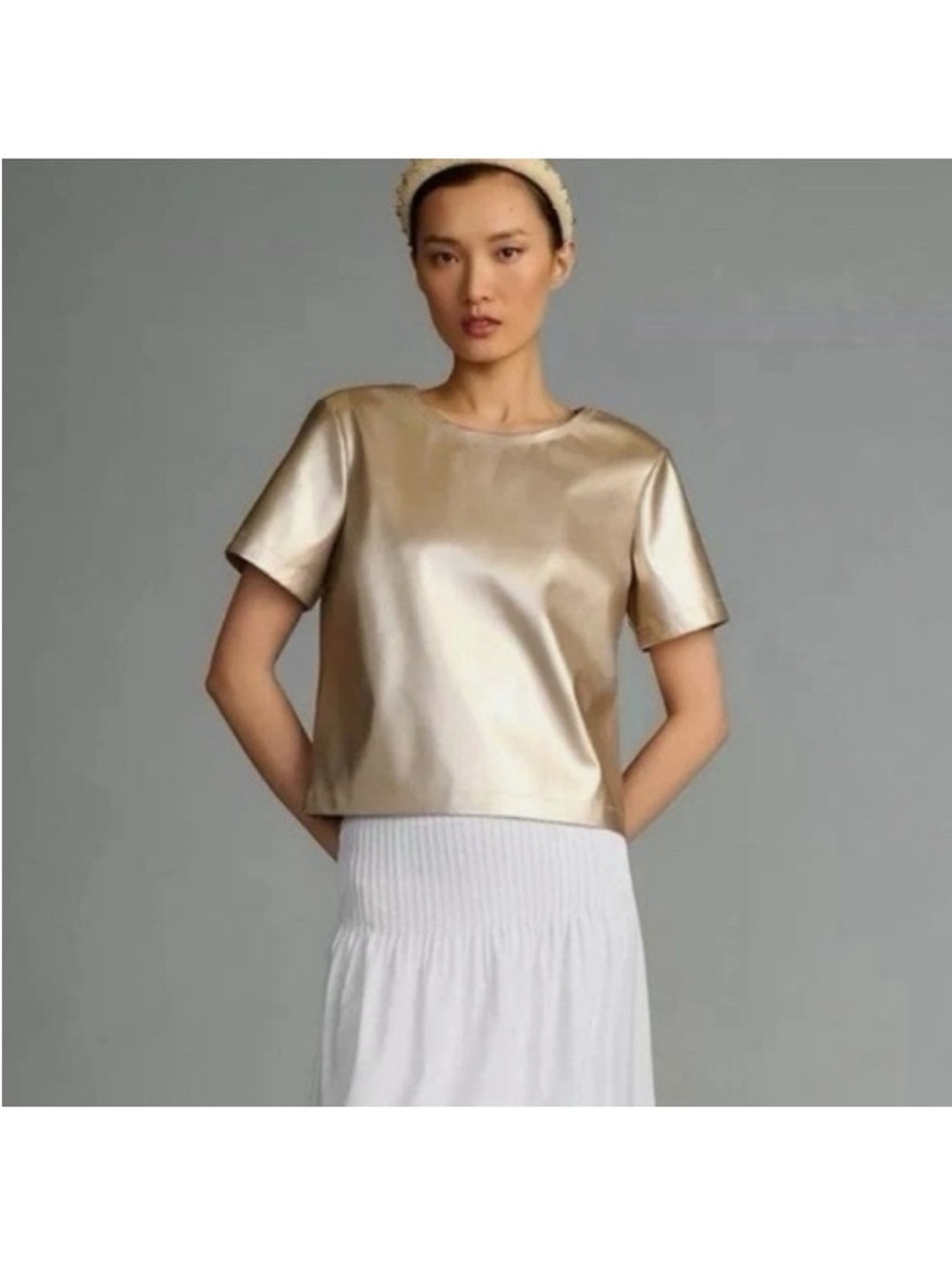 Porridge Anthropologie Short-Sleeve Metallic Boxy Top in Gold